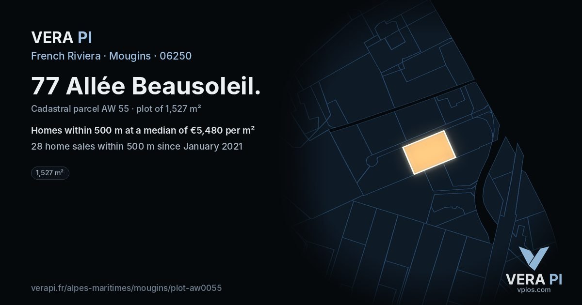 77 Allée Beausoleil, Mougins at night – the plot lit, the parcels around coloured by the prices near them