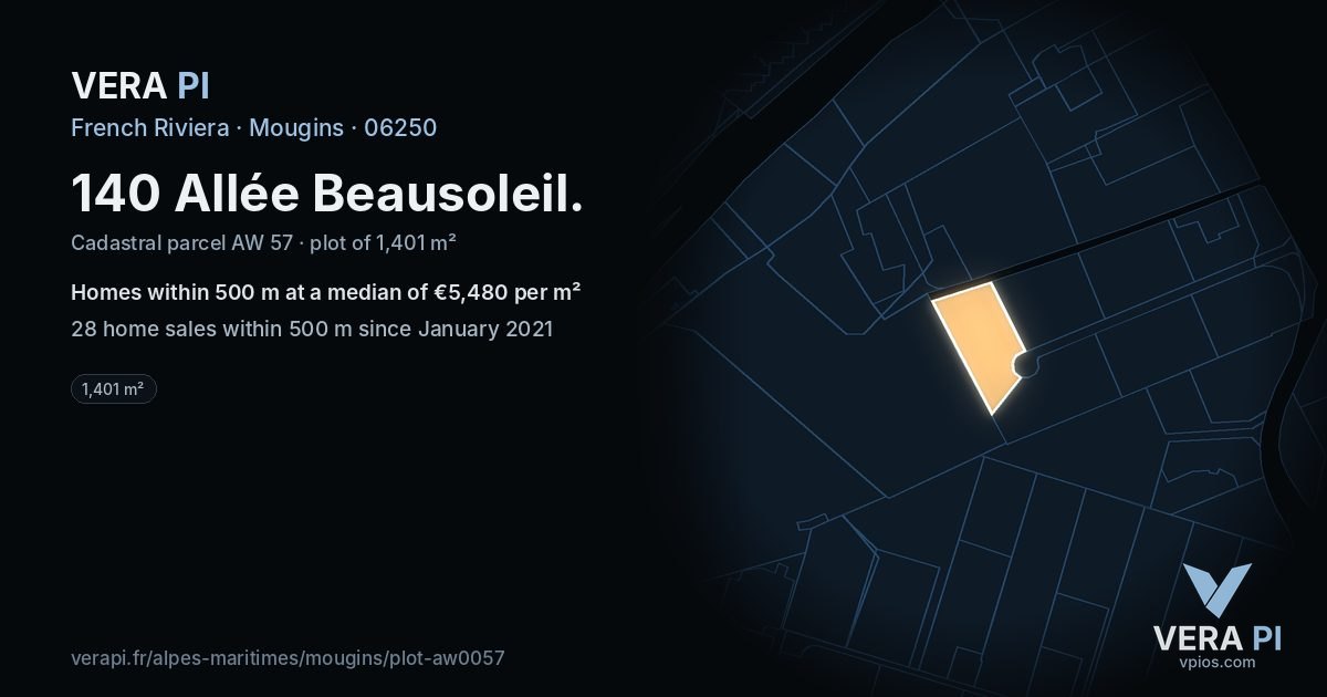 140 Allée Beausoleil, Mougins at night – the plot lit, the parcels around coloured by the prices near them