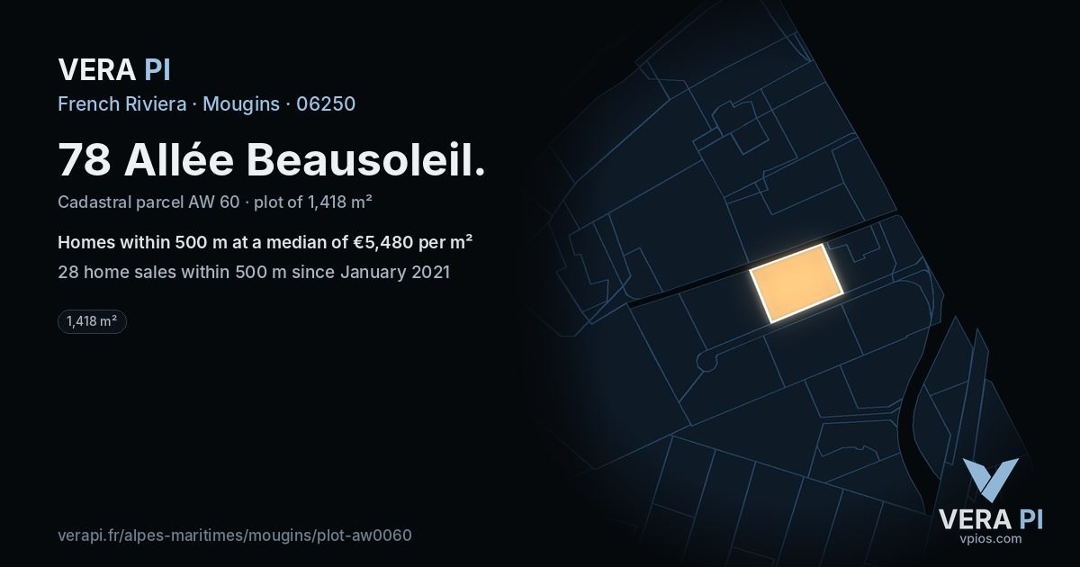 78 Allée Beausoleil, Mougins at night – the plot lit, the parcels around coloured by the prices near them