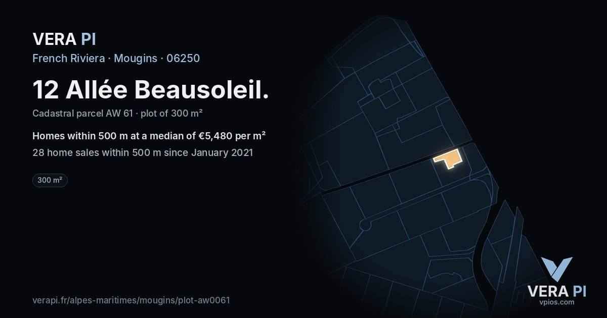 12 Allée Beausoleil, Mougins at night – the plot lit, the parcels around coloured by the prices near them