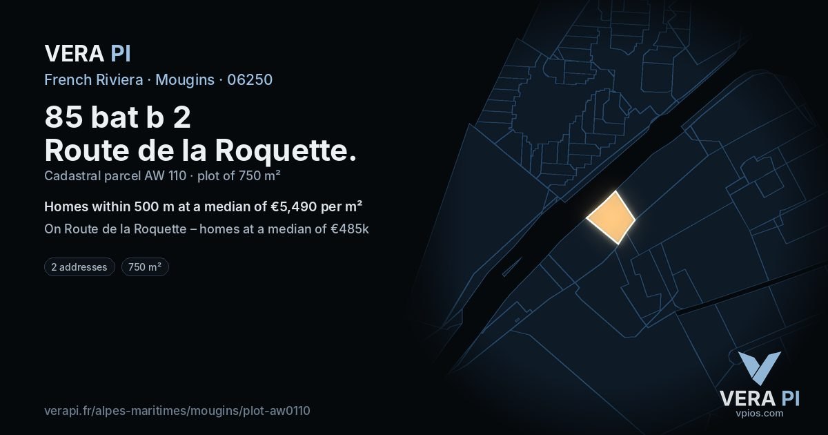 85 bat b 2 Route de la Roquette, Mougins at night – the plot lit, the parcels around coloured by the prices near them
