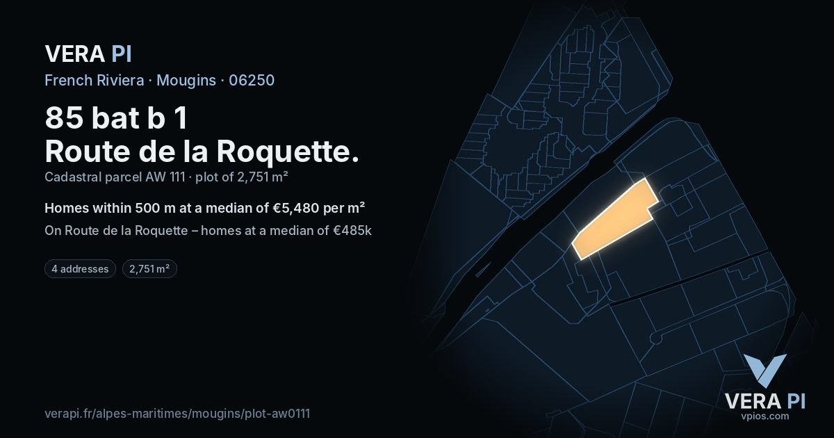 85 bat b 1 Route de la Roquette, Mougins at night – the plot lit, the parcels around coloured by the prices near them
