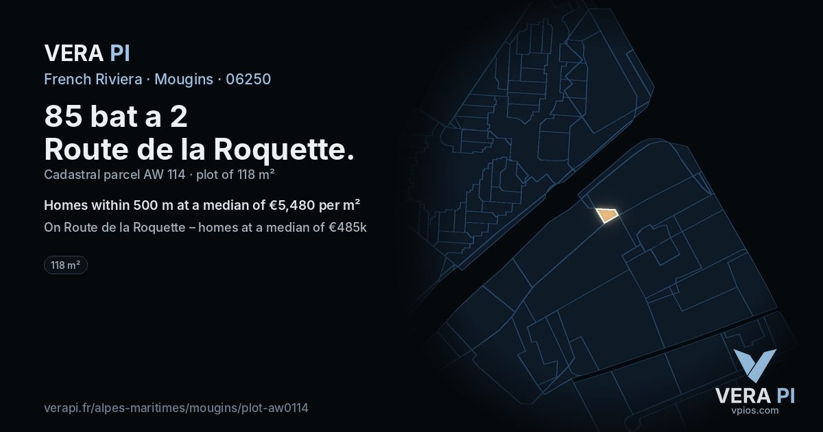 85 bat a 2 Route de la Roquette, Mougins at night – the plot lit, the parcels around coloured by the prices near them
