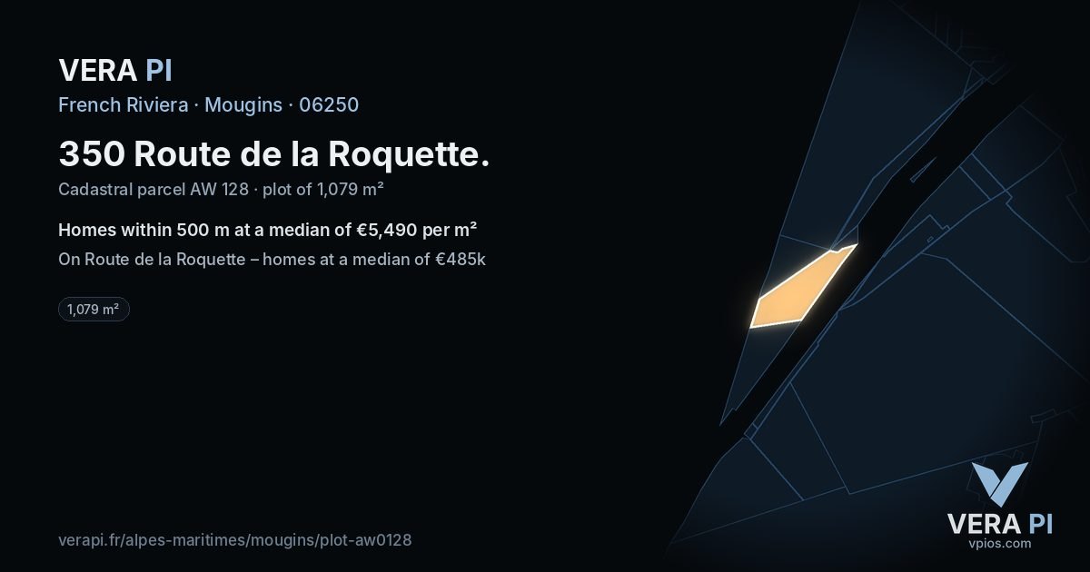 350 Route de la Roquette, Mougins at night – the plot lit, the parcels around coloured by the prices near them