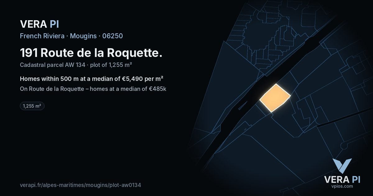 191 Route de la Roquette, Mougins at night – the plot lit, the parcels around coloured by the prices near them