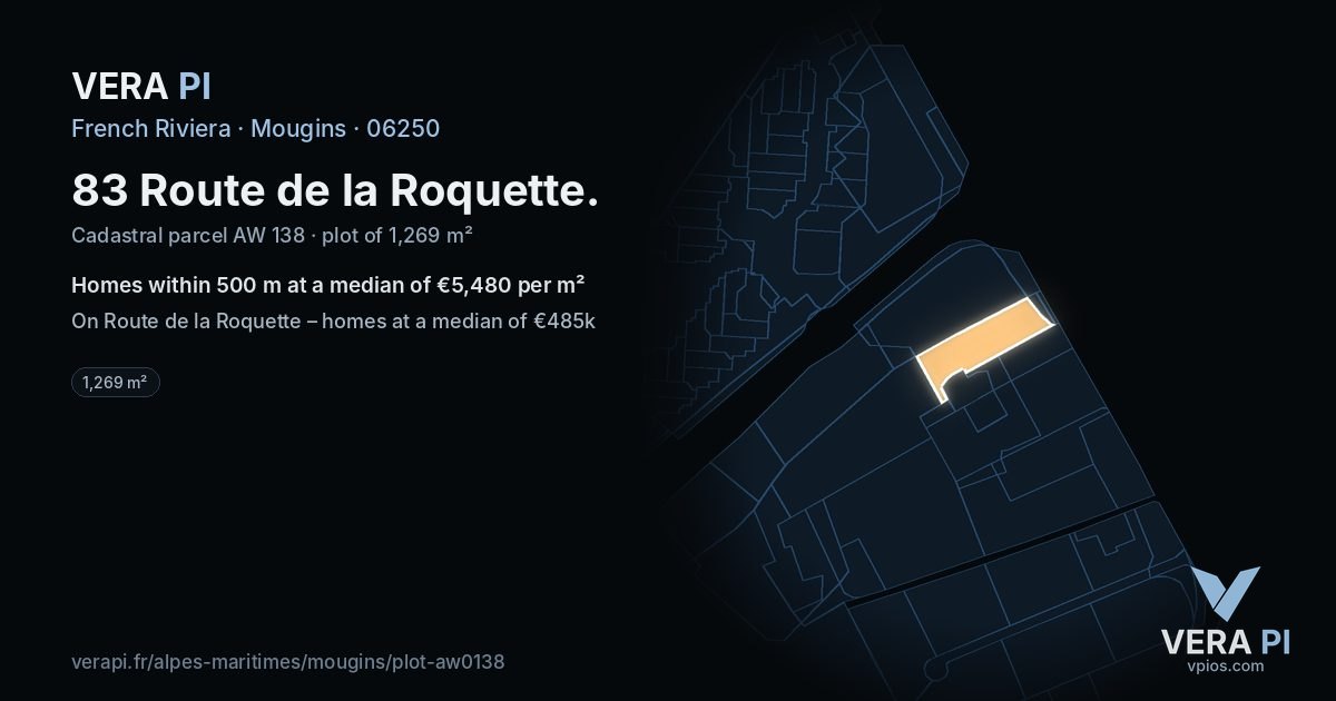 83 Route de la Roquette, Mougins at night – the plot lit, the parcels around coloured by the prices near them