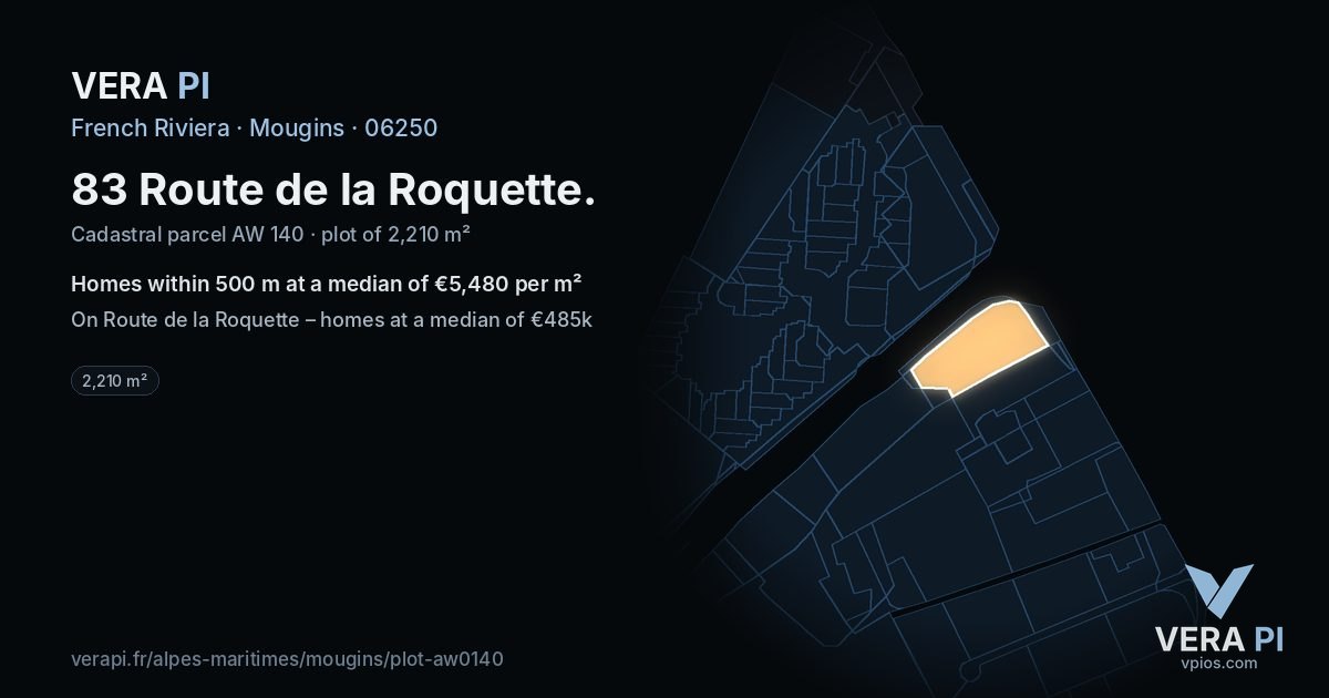 83 Route de la Roquette, Mougins at night – the plot lit, the parcels around coloured by the prices near them