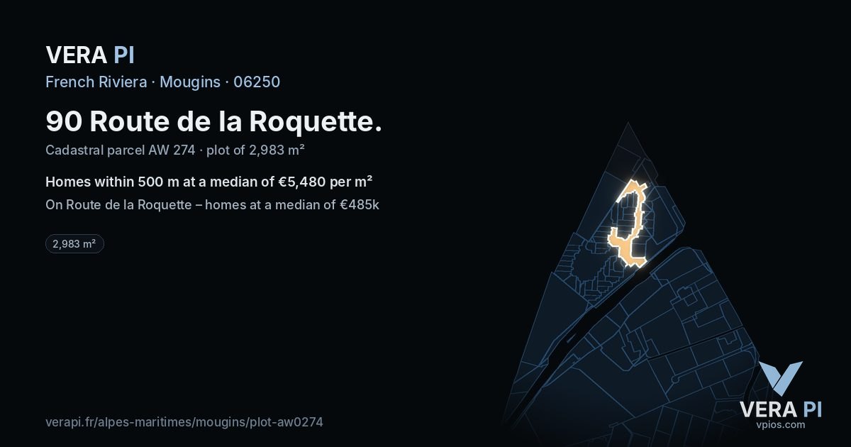 90 Route de la Roquette, Mougins at night – the plot lit, the parcels around coloured by the prices near them