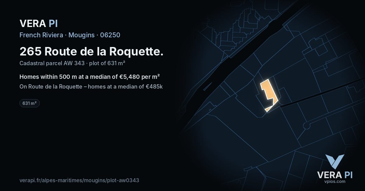 265 Route de la Roquette, Mougins at night – the plot lit, the parcels around coloured by the prices near them