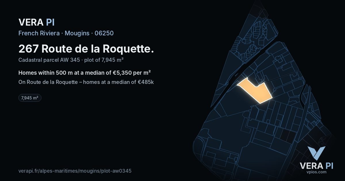 267 Route de la Roquette, Mougins at night – the plot lit, the parcels around coloured by the prices near them