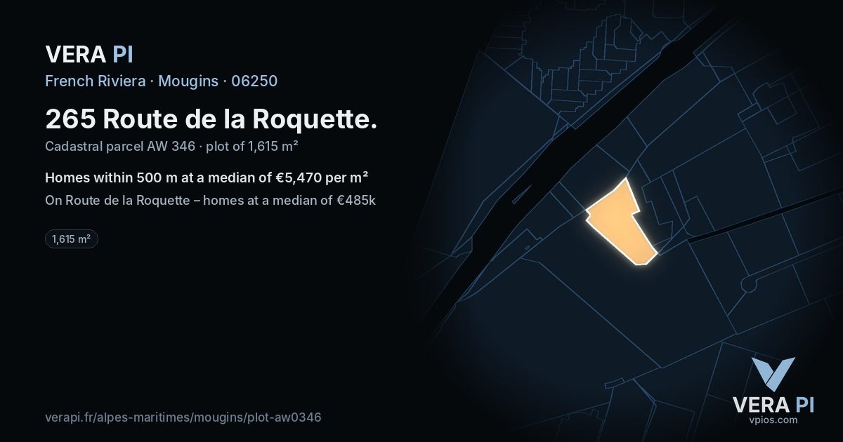 265 Route de la Roquette, Mougins at night – the plot lit, the parcels around coloured by the prices near them