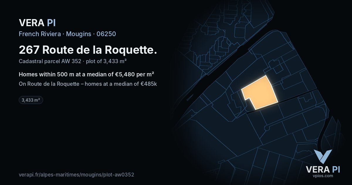 267 Route de la Roquette, Mougins at night – the plot lit, the parcels around coloured by the prices near them
