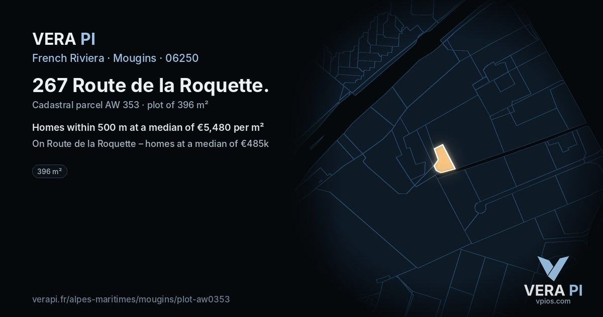267 Route de la Roquette, Mougins at night – the plot lit, the parcels around coloured by the prices near them