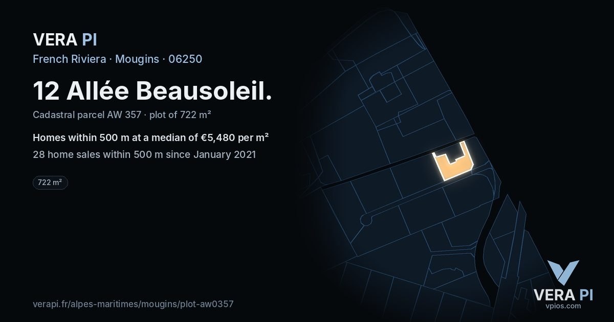 12 Allée Beausoleil, Mougins at night – the plot lit, the parcels around coloured by the prices near them