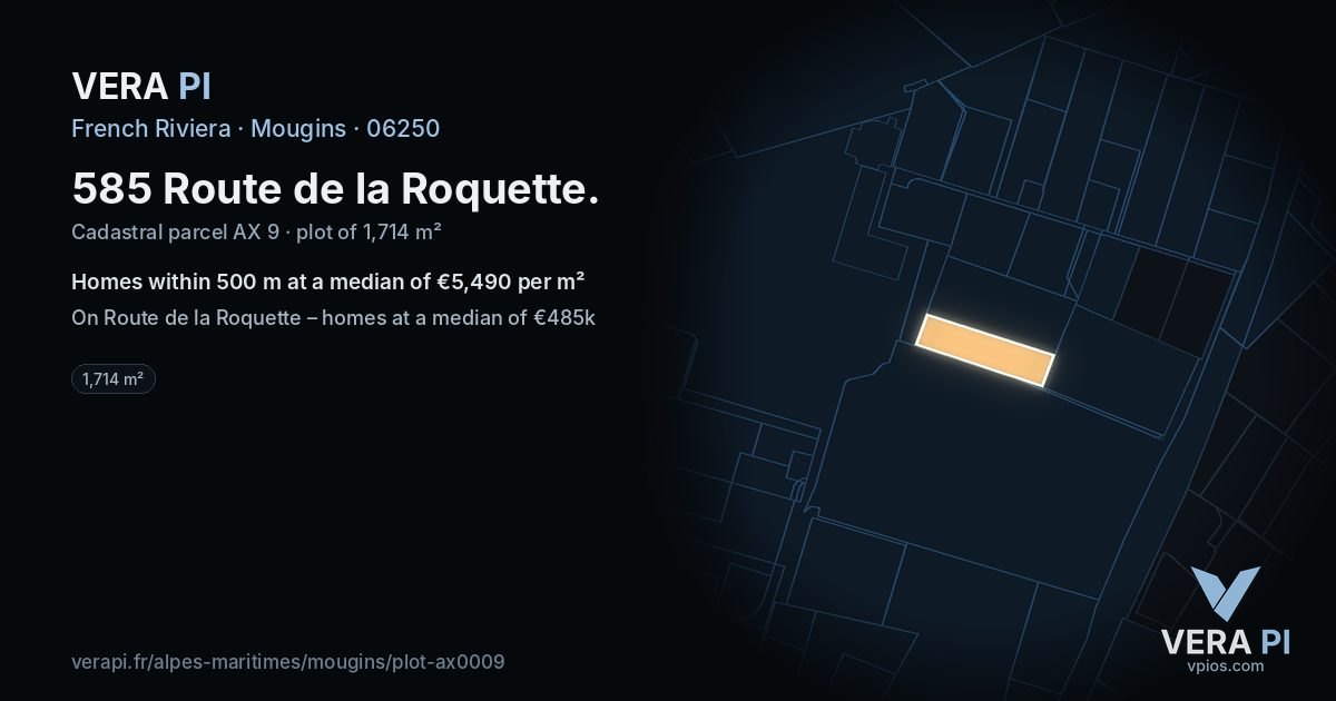 585 Route de la Roquette, Mougins at night – the plot lit, the parcels around coloured by the prices near them