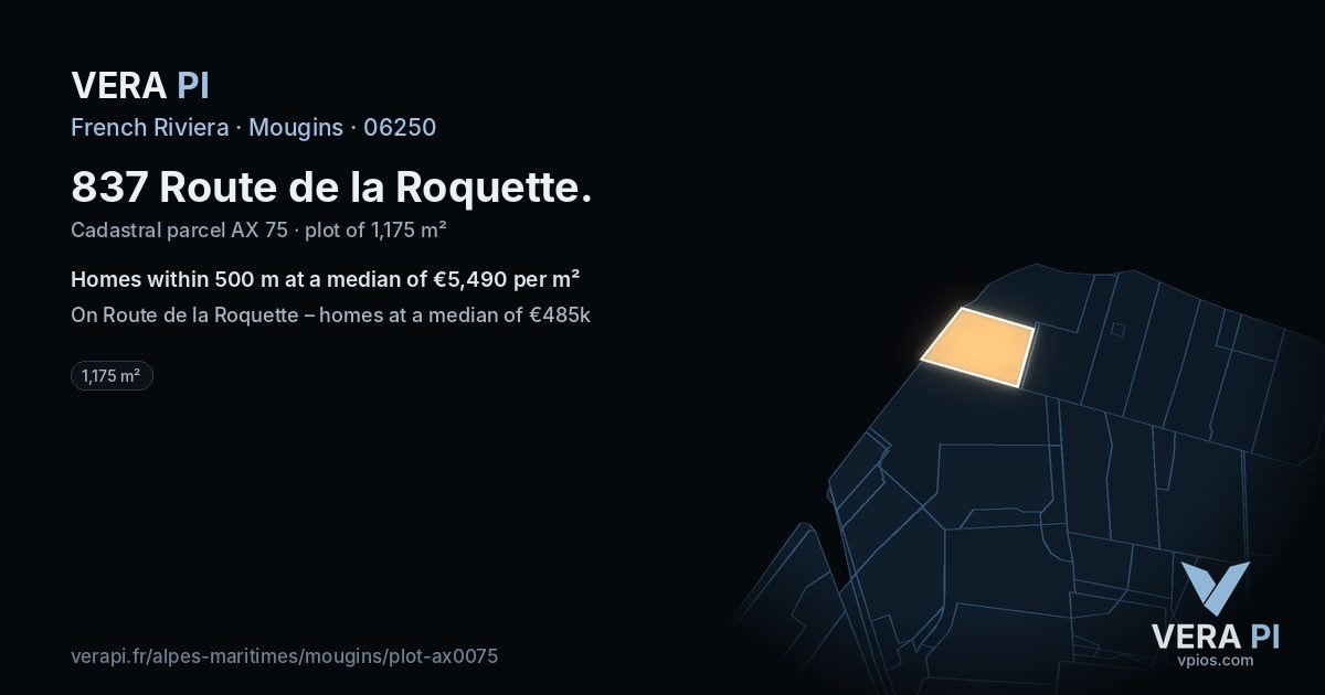 837 Route de la Roquette, Mougins at night – the plot lit, the parcels around coloured by the prices near them