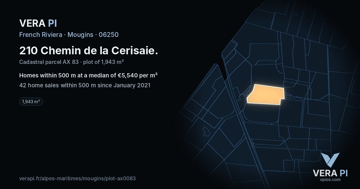 210 Chemin de la Cerisaie, Mougins at night – the plot lit, the parcels around coloured by the prices near them