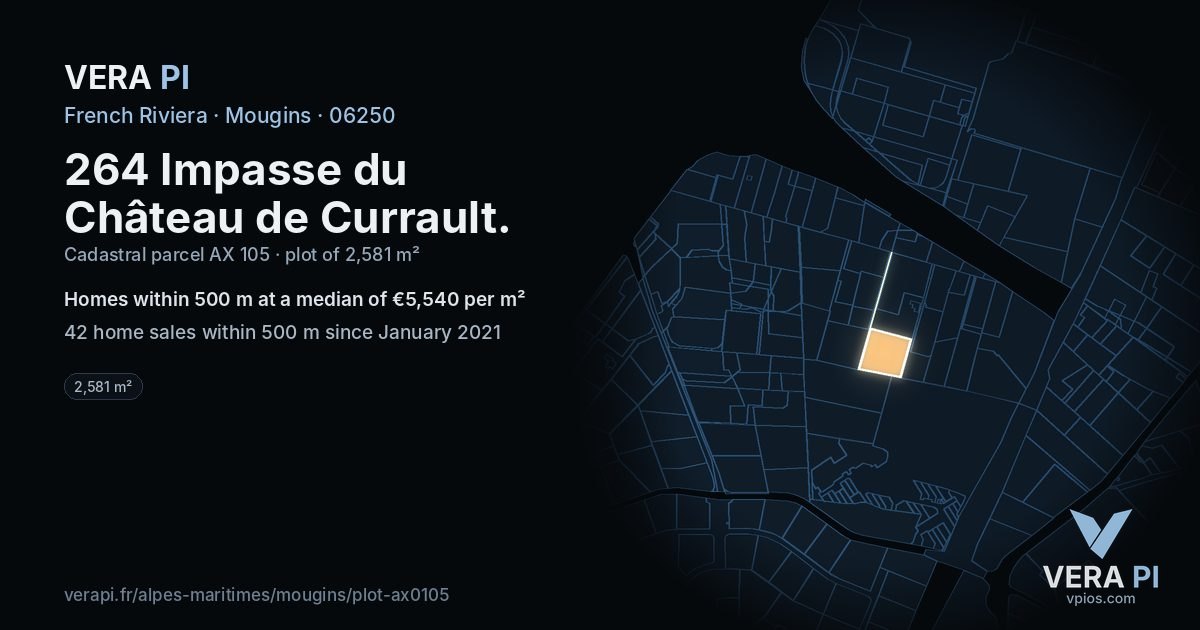 264 Impasse du Château de Currault, Mougins at night – the plot lit, the parcels around coloured by the prices near them