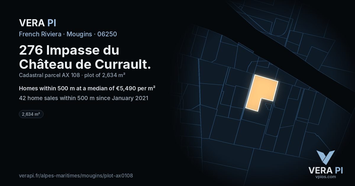 276 Impasse du Château de Currault, Mougins at night – the plot lit, the parcels around coloured by the prices near them