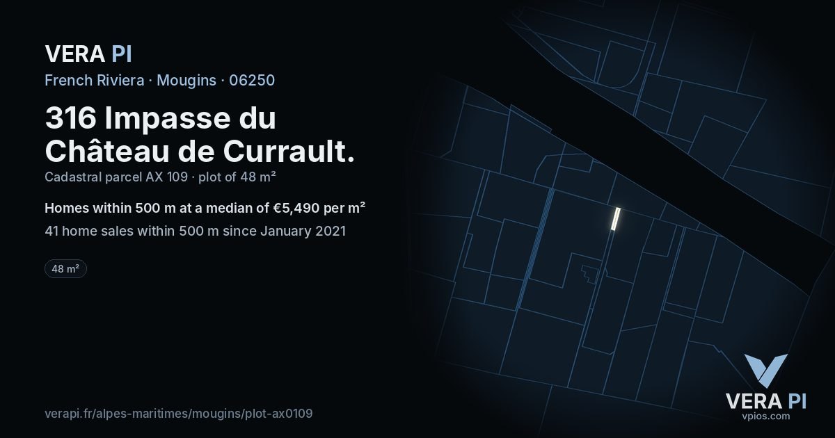 316 Impasse du Château de Currault, Mougins at night – the plot lit, the parcels around coloured by the prices near them