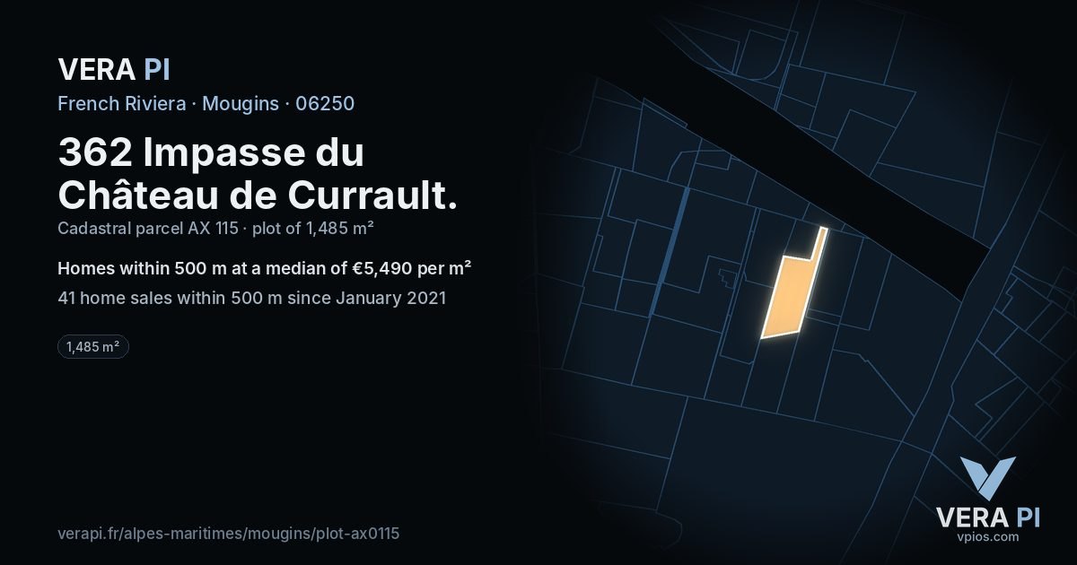 362 Impasse du Château de Currault, Mougins at night – the plot lit, the parcels around coloured by the prices near them