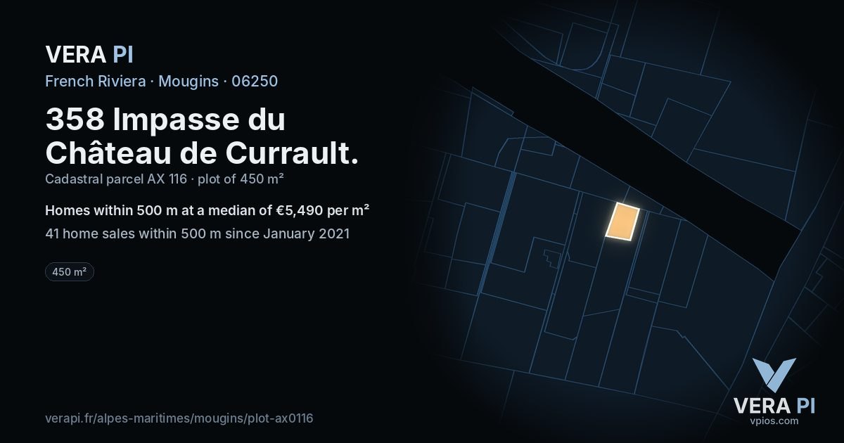 358 Impasse du Château de Currault, Mougins at night – the plot lit, the parcels around coloured by the prices near them