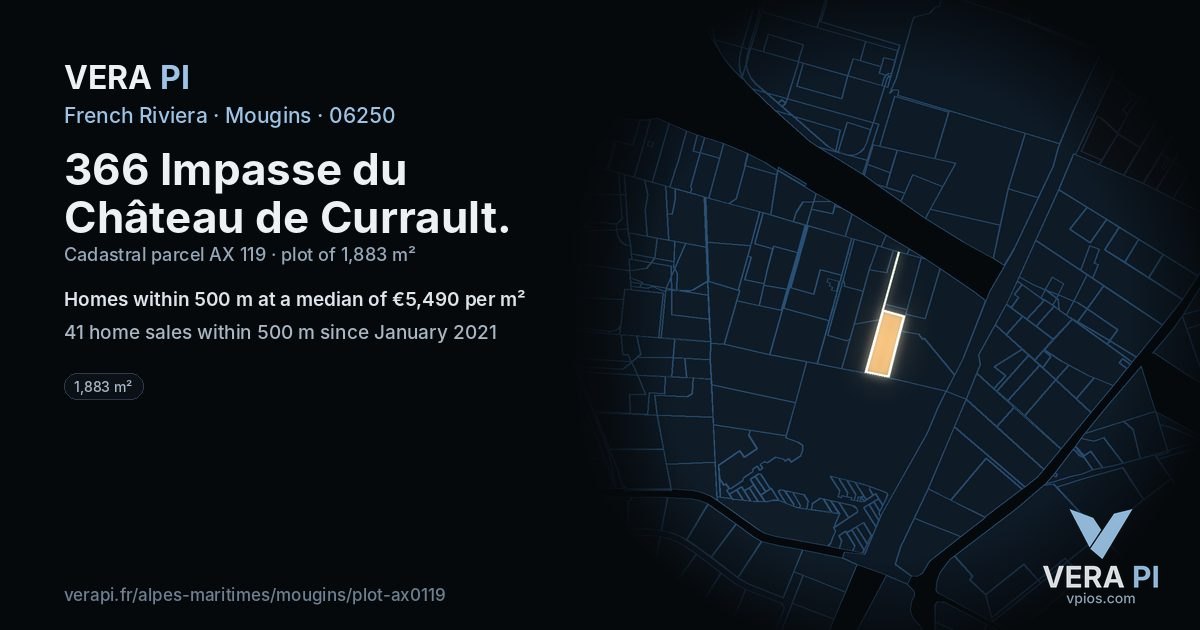366 Impasse du Château de Currault, Mougins at night – the plot lit, the parcels around coloured by the prices near them
