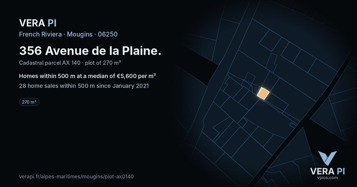 356 Avenue de la Plaine, Mougins at night – the plot lit, the parcels around coloured by the prices near them