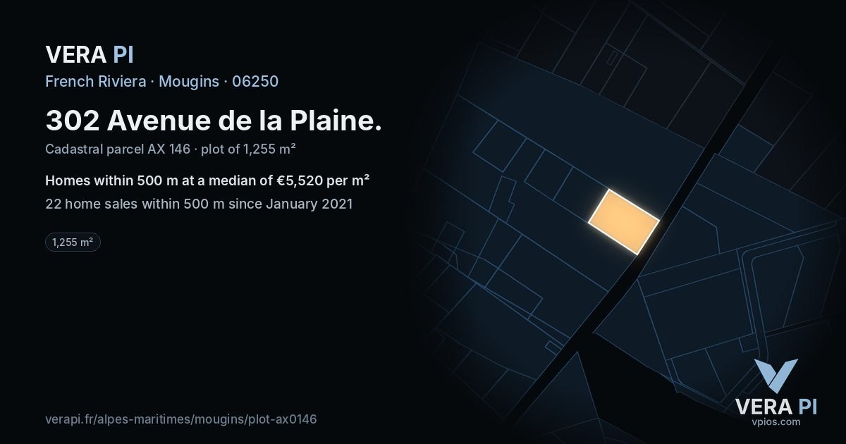302 Avenue de la Plaine, Mougins at night – the plot lit, the parcels around coloured by the prices near them