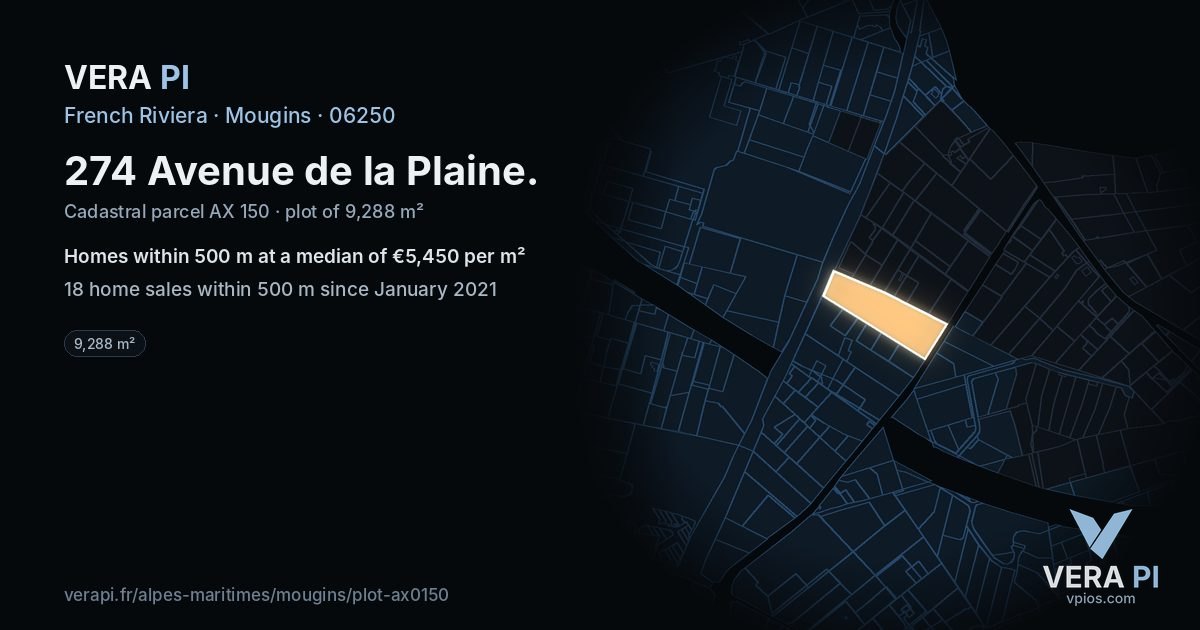 274 Avenue de la Plaine, Mougins at night – the plot lit, the parcels around coloured by the prices near them