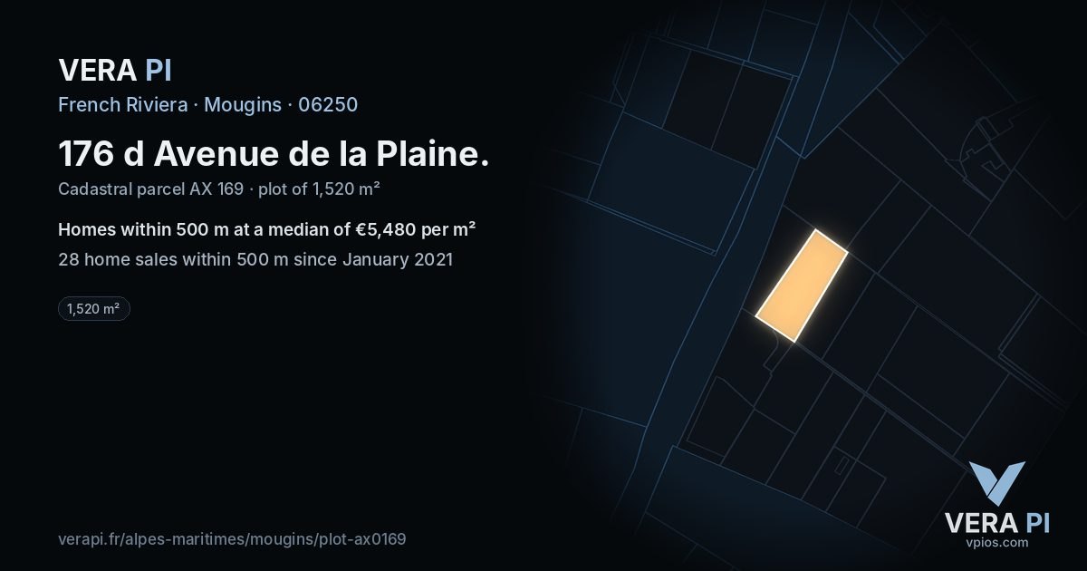 176 d Avenue de la Plaine, Mougins at night – the plot lit, the parcels around coloured by the prices near them