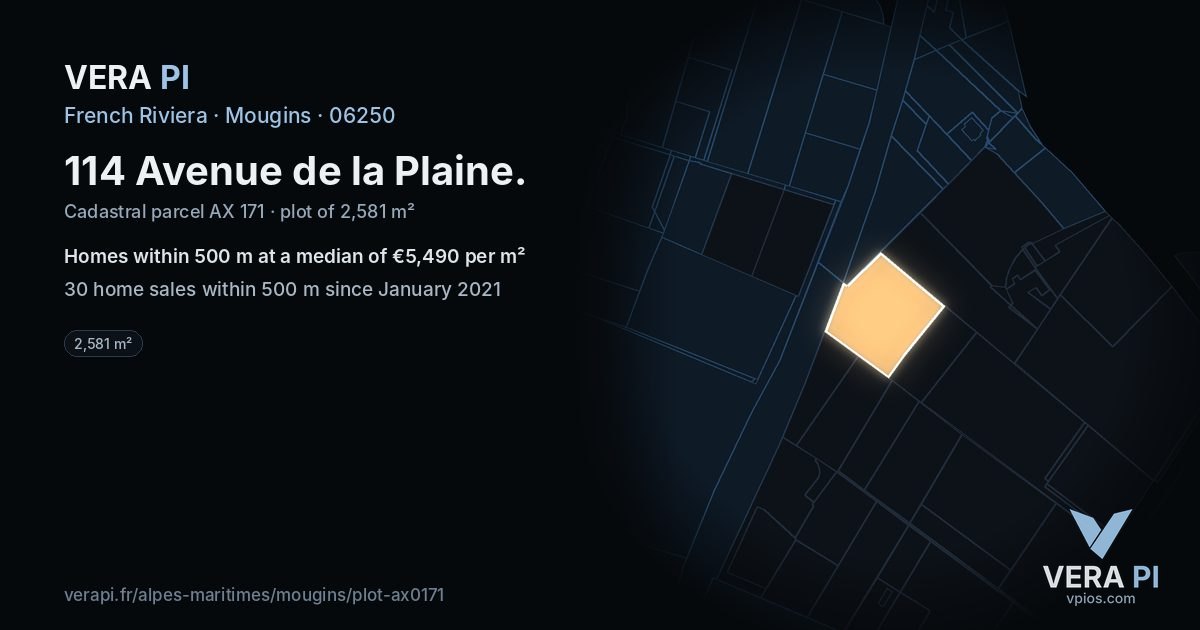 114 Avenue de la Plaine, Mougins at night – the plot lit, the parcels around coloured by the prices near them
