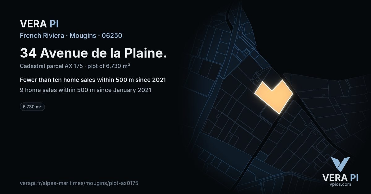 34 Avenue de la Plaine, Mougins at night – the plot lit, the parcels around coloured by the prices near them