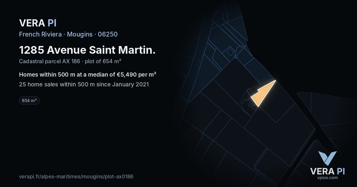 1285 Avenue Saint Martin, Mougins at night – the plot lit, the parcels around coloured by the prices near them