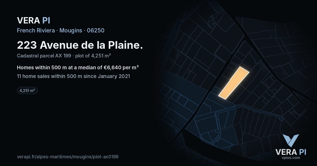 223 Avenue de la Plaine, Mougins at night – the plot lit, the parcels around coloured by the prices near them
