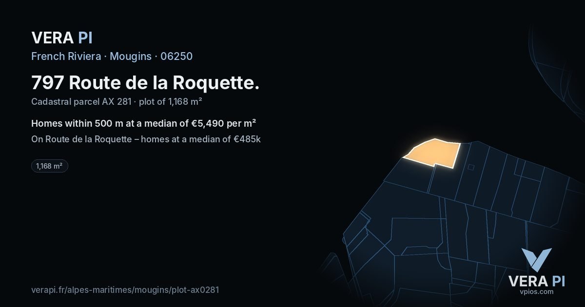 797 Route de la Roquette, Mougins at night – the plot lit, the parcels around coloured by the prices near them