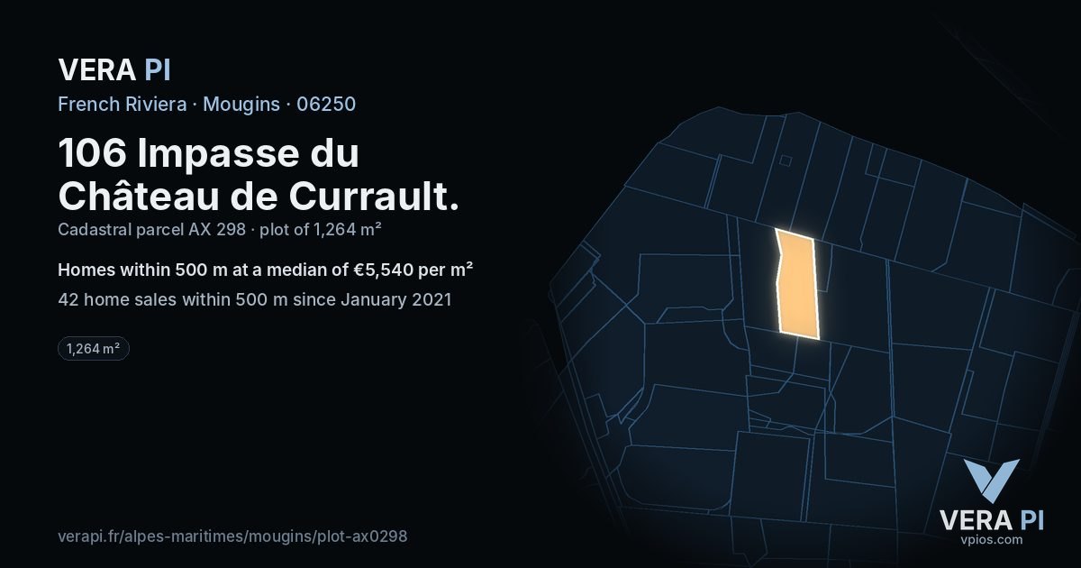 106 Impasse du Château de Currault, Mougins at night – the plot lit, the parcels around coloured by the prices near them
