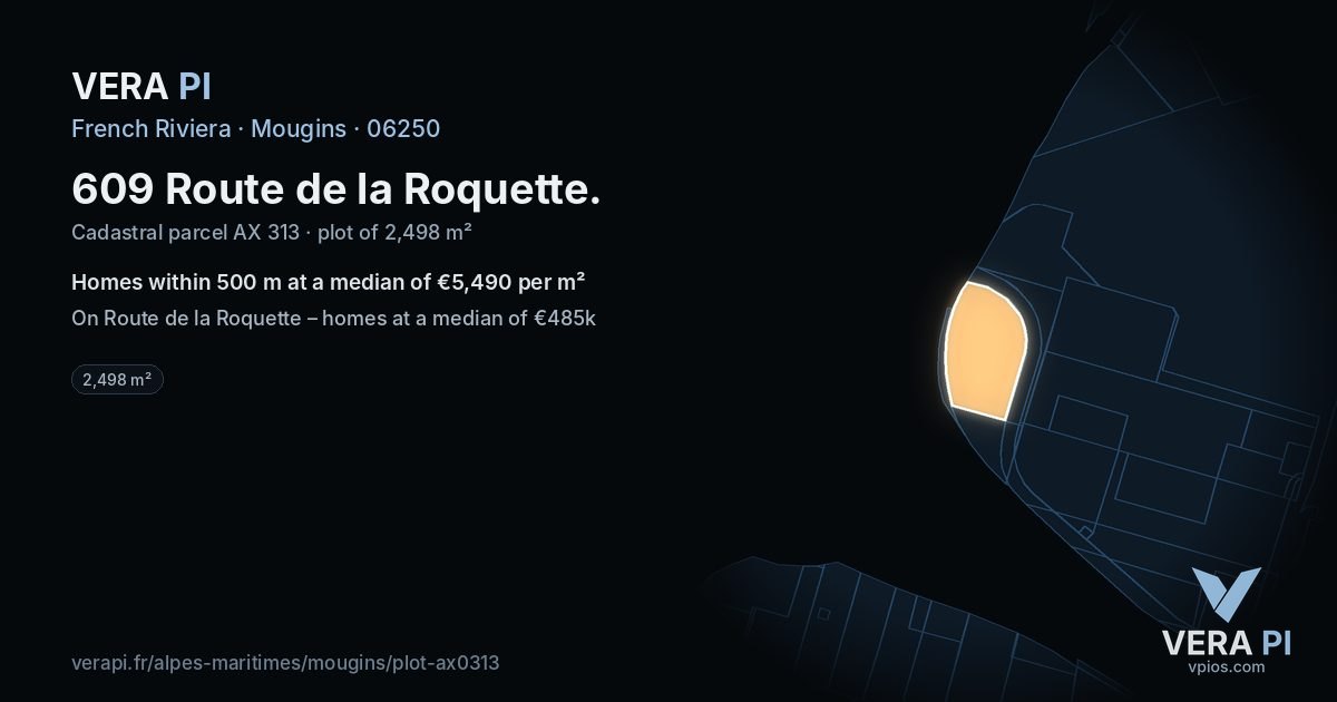 609 Route de la Roquette, Mougins at night – the plot lit, the parcels around coloured by the prices near them