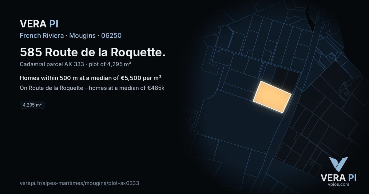 585 Route de la Roquette, Mougins at night – the plot lit, the parcels around coloured by the prices near them