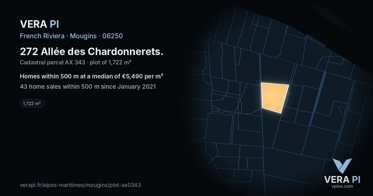 272 Allée des Chardonnerets, Mougins at night – the plot lit, the parcels around coloured by the prices near them