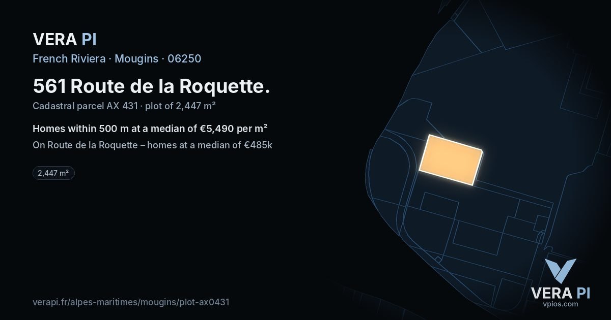 561 Route de la Roquette, Mougins at night – the plot lit, the parcels around coloured by the prices near them