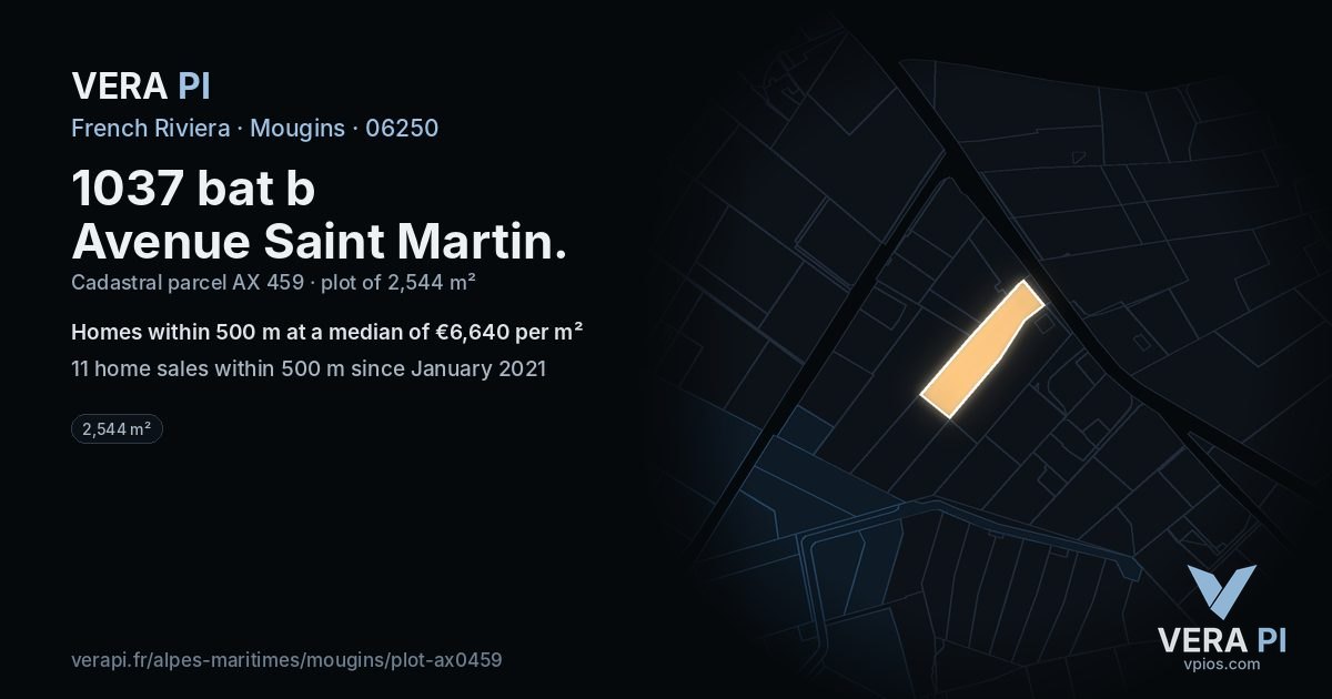 1037 bat b Avenue Saint Martin, Mougins at night – the plot lit, the parcels around coloured by the prices near them