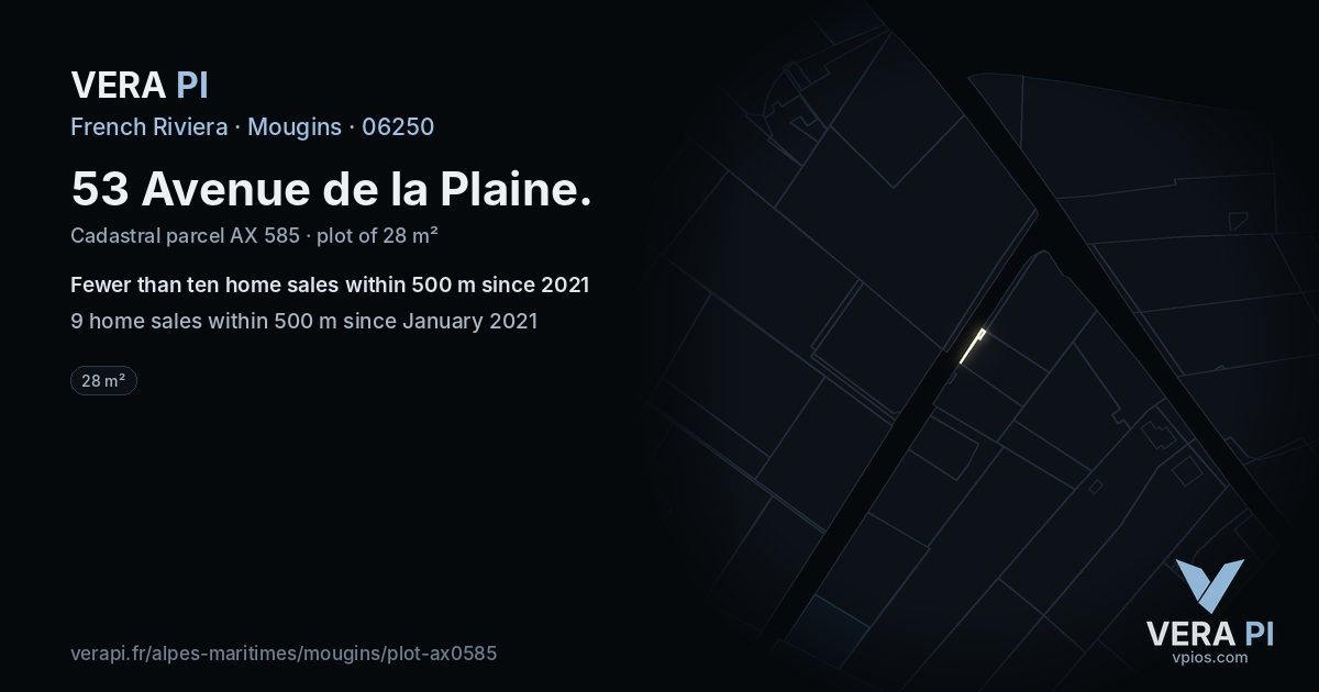 53 Avenue de la Plaine, Mougins at night – the plot lit, the parcels around coloured by the prices near them
