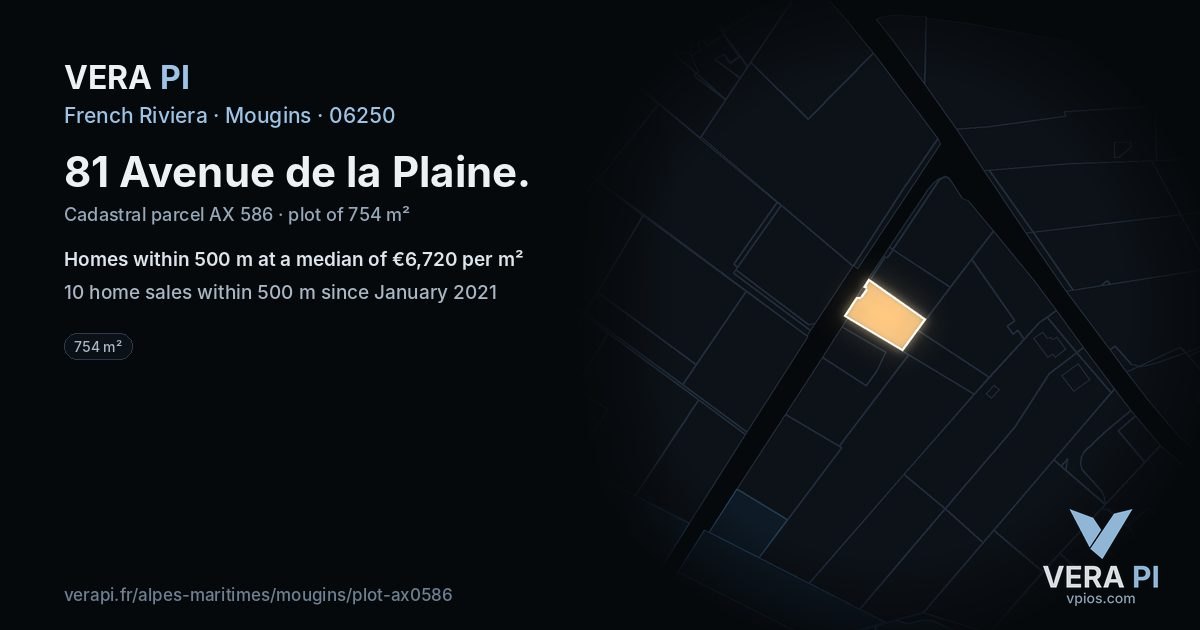 81 Avenue de la Plaine, Mougins at night – the plot lit, the parcels around coloured by the prices near them