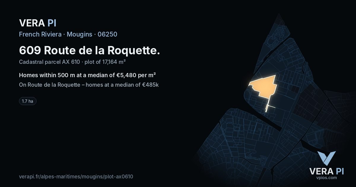 609 Route de la Roquette, Mougins at night – the plot lit, the parcels around coloured by the prices near them