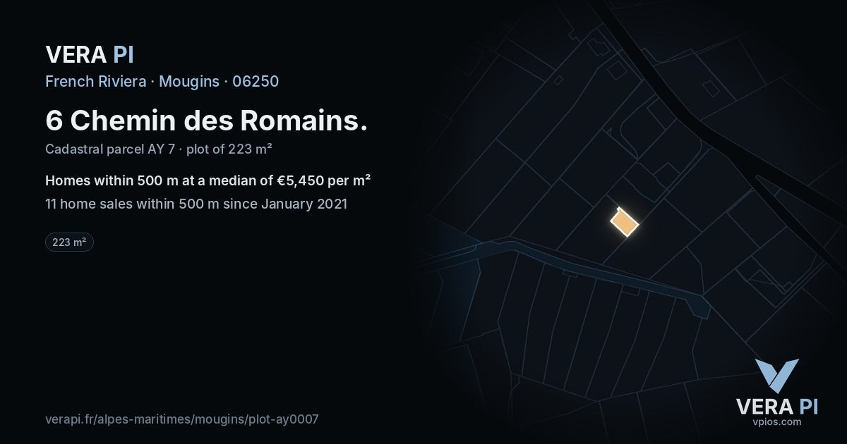 6 Chemin des Romains, Mougins at night – the plot lit, the parcels around coloured by the prices near them