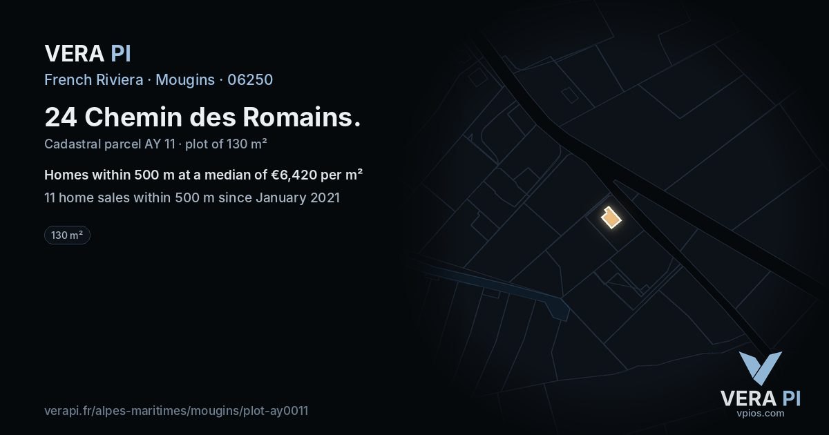 24 Chemin des Romains, Mougins at night – the plot lit, the parcels around coloured by the prices near them