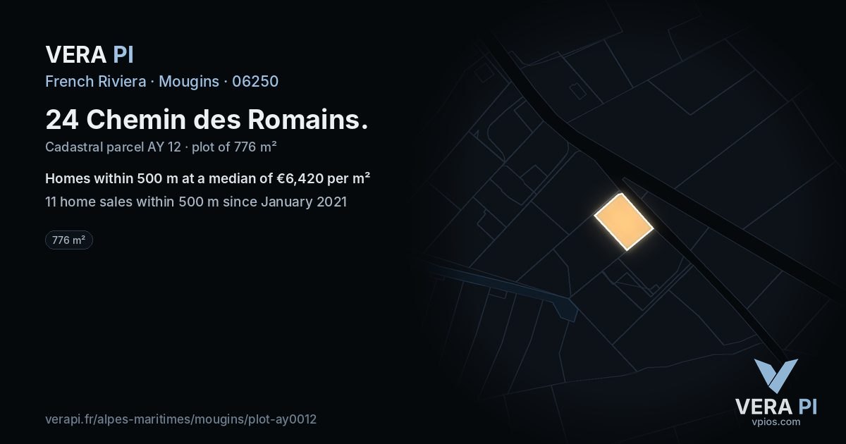 24 Chemin des Romains, Mougins at night – the plot lit, the parcels around coloured by the prices near them