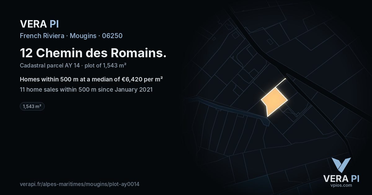 12 Chemin des Romains, Mougins at night – the plot lit, the parcels around coloured by the prices near them