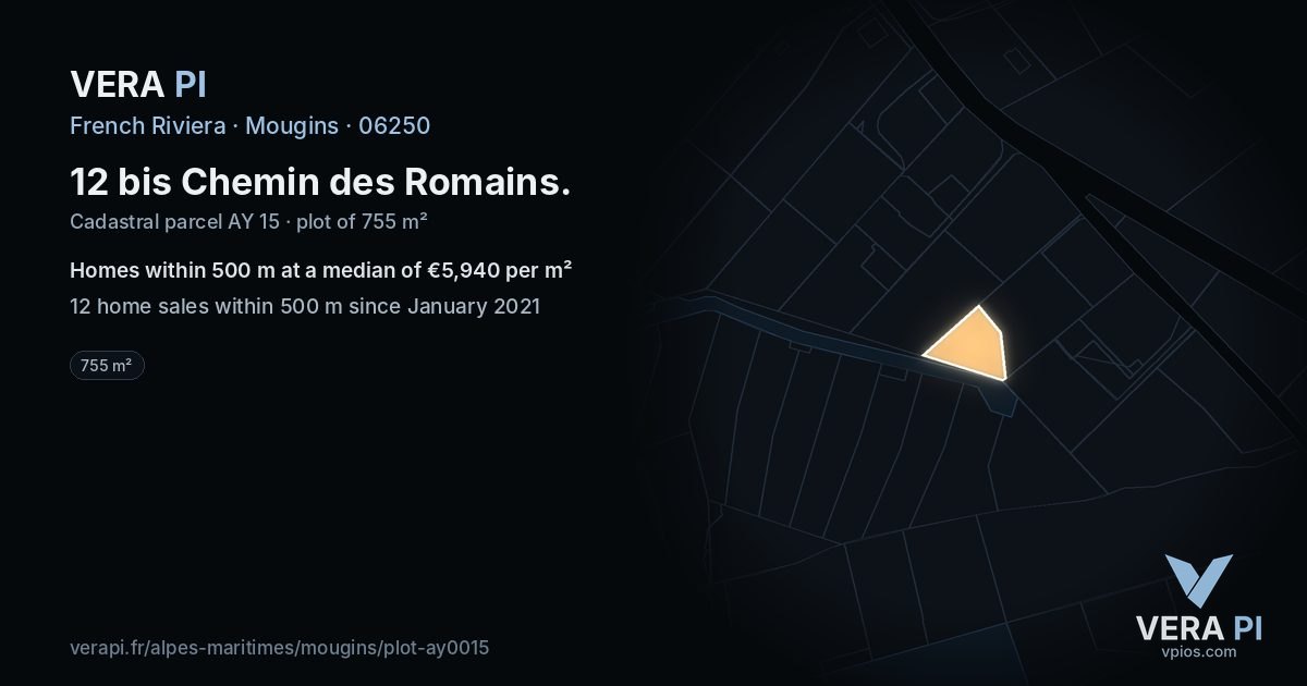 12 bis Chemin des Romains, Mougins at night – the plot lit, the parcels around coloured by the prices near them